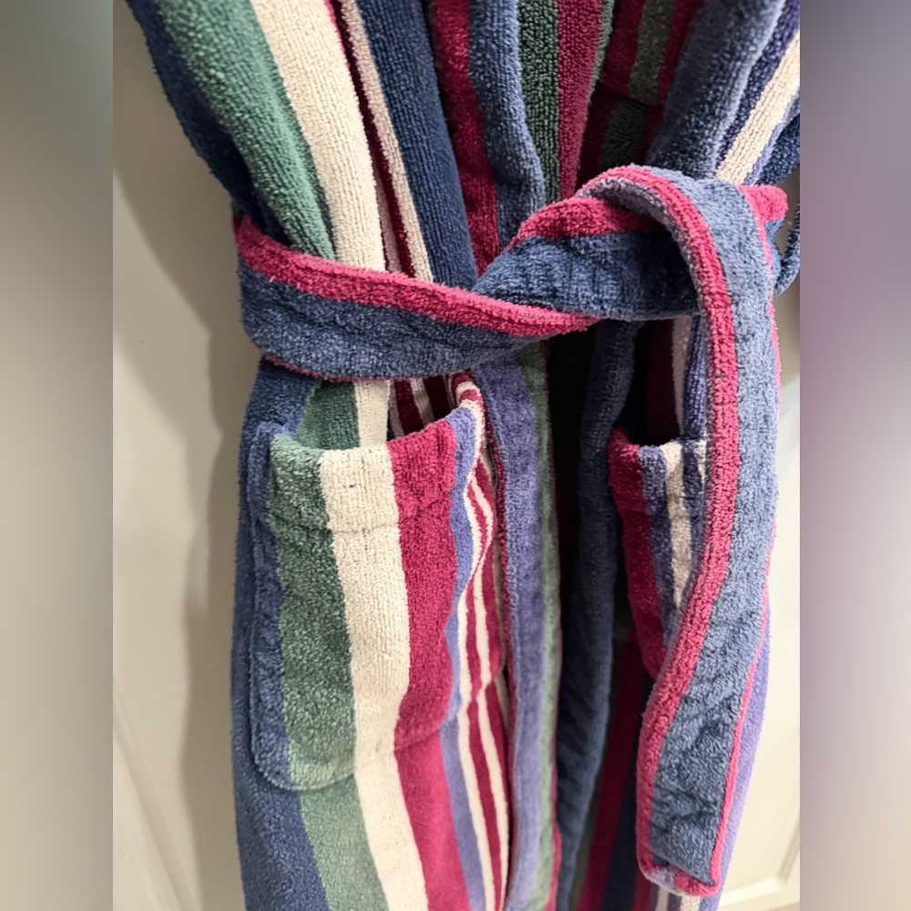 BILL BLASS Terry Cloth Vintage Striped Hooded Bathrobe belt & pockets 3/4 sleeve - Picture 15 of 15